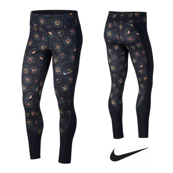 Nike Women’s Racer Leggings With Pocket Black Multicolor Floral Design Size Med - Picture 1 of 16